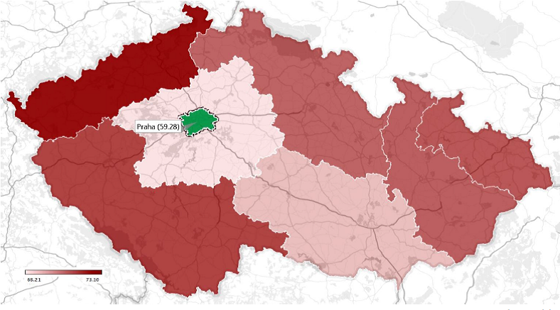 Mapa - ČR dle indexu ohrožení digitalizací (NUTS-2)